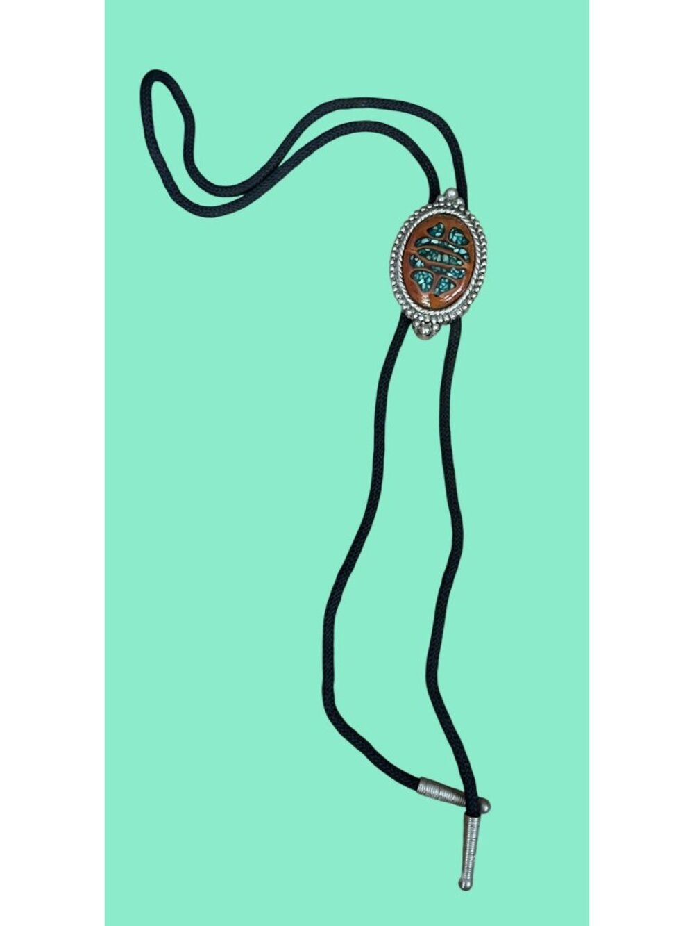 Vintage Navajo Walnut wood inlay Turquoise Bolo tie silver toned